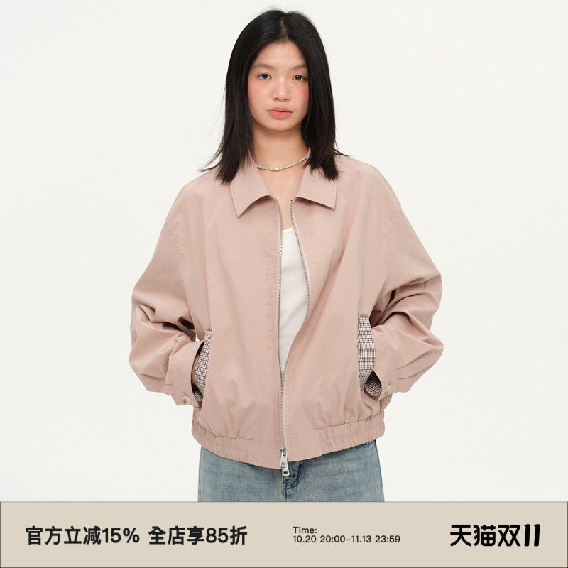 omont蛋挞家复古格纹设计感工装短外套2026秋季宽松休闲夹克上衣