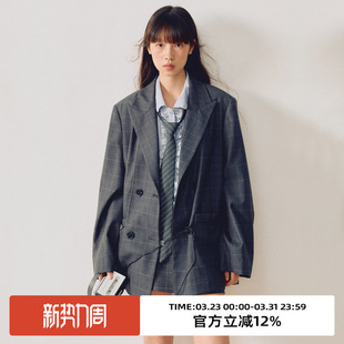 omont蛋挞家复古戗驳领宽松休闲西装 廓形格纹西服女 外套2025秋季