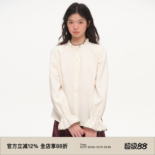 气质荷叶边立领长袖厚衬衫