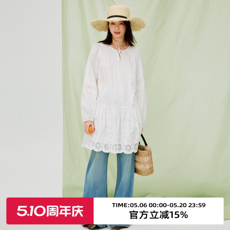 omont蛋挞法式绣花白色长袖连衣裙2026春夏宽松慵懒漂亮中长裙子