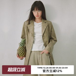 omont蛋挞家复古pu皮绿色西装 宽松休闲慵懒西服上衣 外套春秋季