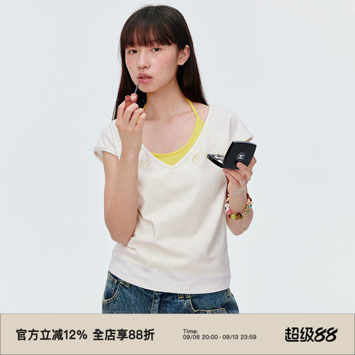 陶瓷珍珠烫钻工艺/V领短袖T恤