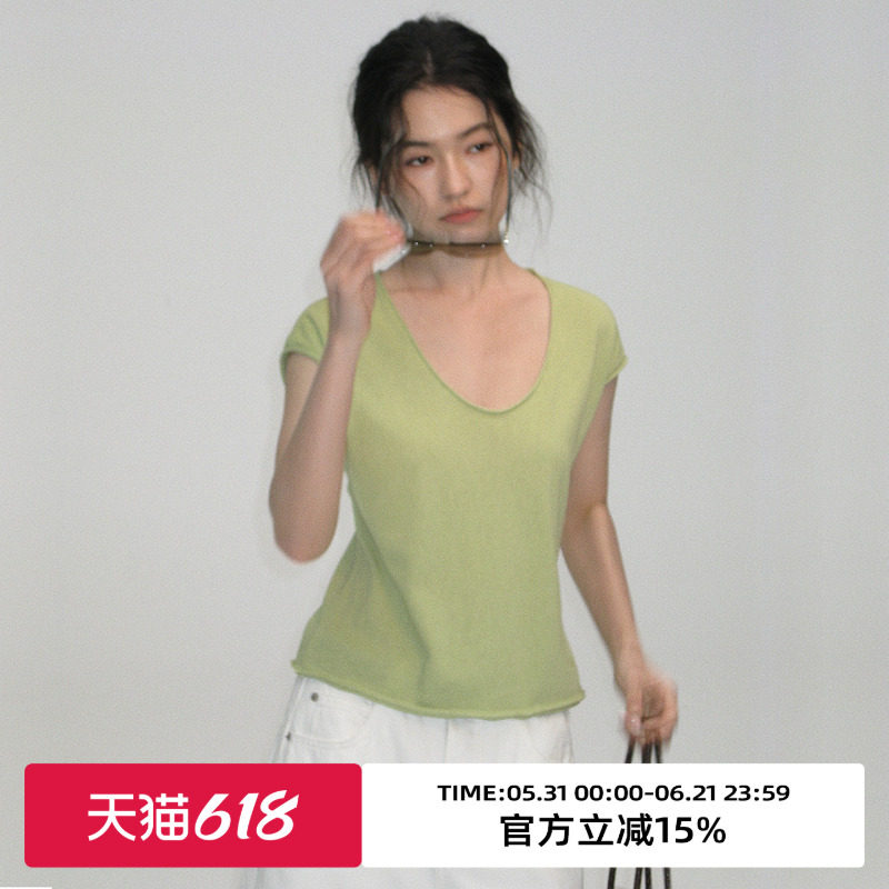 omont蛋挞家竹节棉简约V领卷边短袖T恤2026夏季宽松慵懒半袖上衣