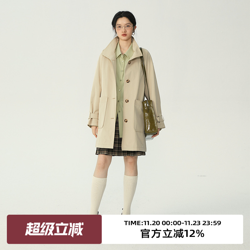 omont宽松立领中长款风衣