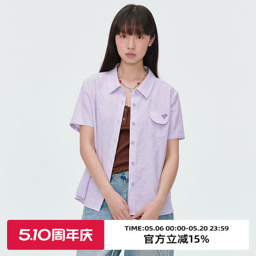 亚麻棉混纺面料/刺绣短袖衬衫