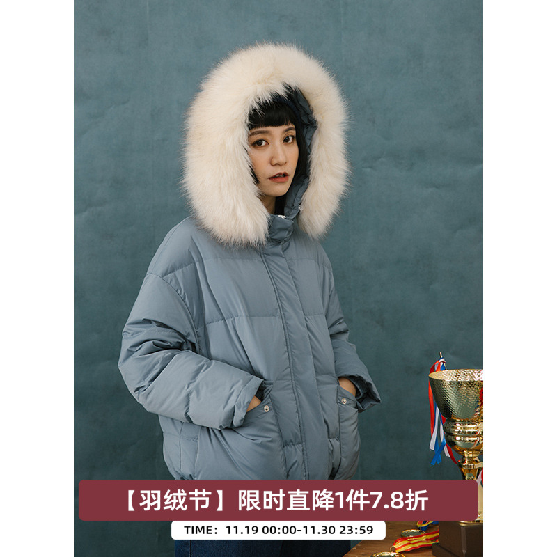 omont复古宽松加厚毛领羽绒服