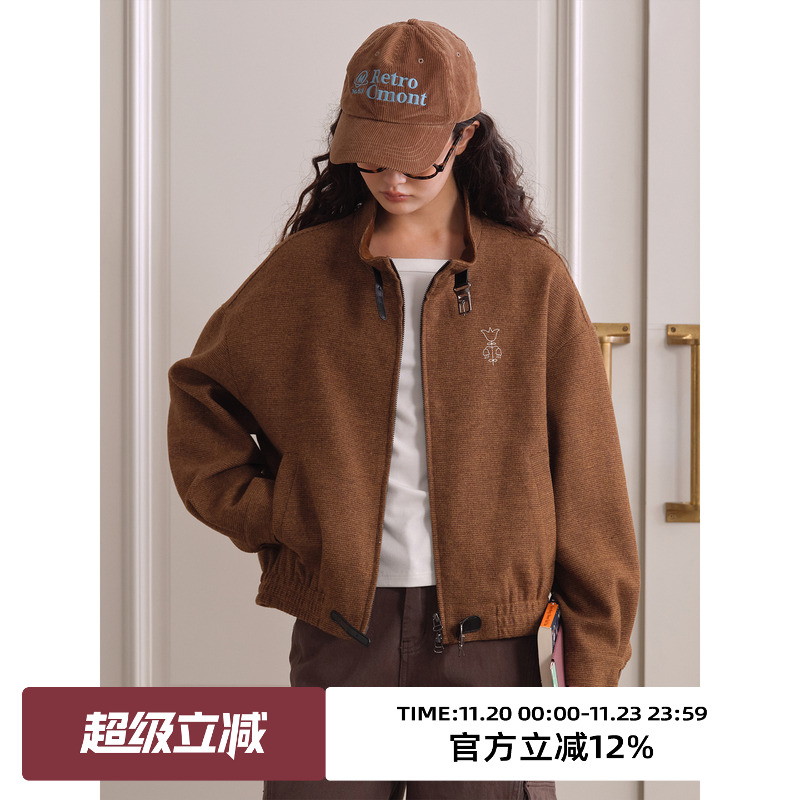 复古立领格纹毛呢外套