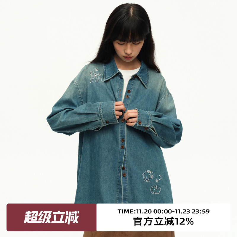 复古手绘刺绣宽松休闲长袖衬衫