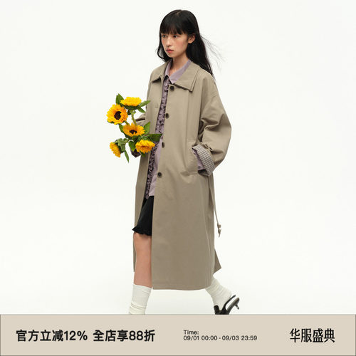 翻领单排扣长款风衣外套