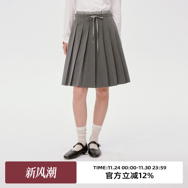 格子拼接腰/中长款百褶半身裙