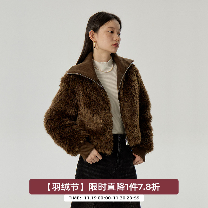 omont蛋挞家复古短款皮草羽绒服