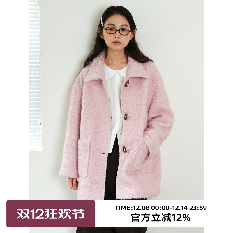 omont蛋挞家复古圈圈毛牛角扣毛呢外套2025冬宽松小个子呢子大衣