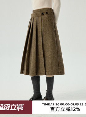 omont蛋挞家 复古羊毛百褶裙秋冬新款高腰显瘦中长款a字裙子