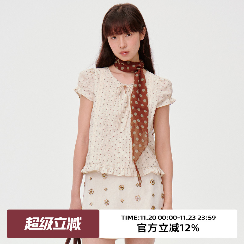 拼接花边/下摆荷叶边短袖衬衫