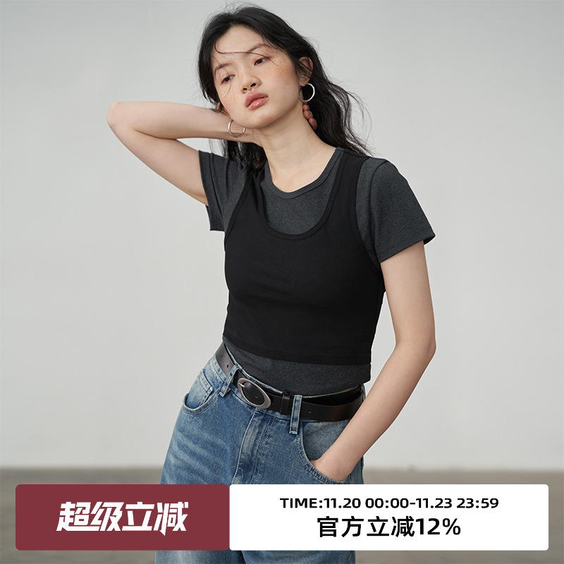 omont常规小众短袖褶皱假两件