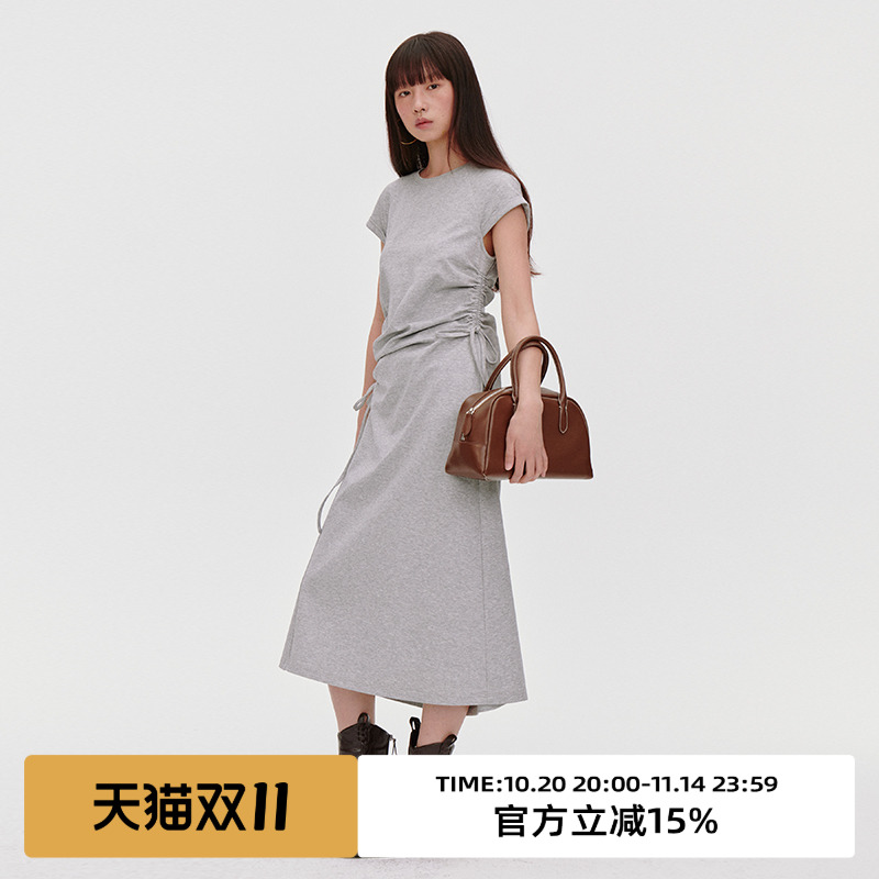 侧腰不对称抽绳/短袖连衣裙