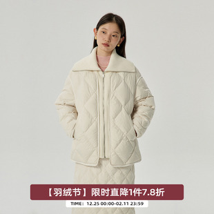 omont蛋挞家 白色菱形格羽绒服冬季新复古90白鸭绒针织领外套