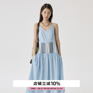 omont蛋挞家 设计感收腰中长裙子 复古V领吊带连衣裙夏季 新款