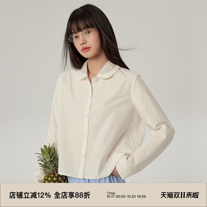 omont蛋挞家 气质娃娃领纯棉长袖衬衫春秋季叠穿短款白衬衣上衣