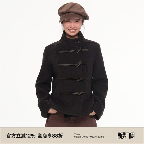 复古牛角扣收腰短款毛呢外套