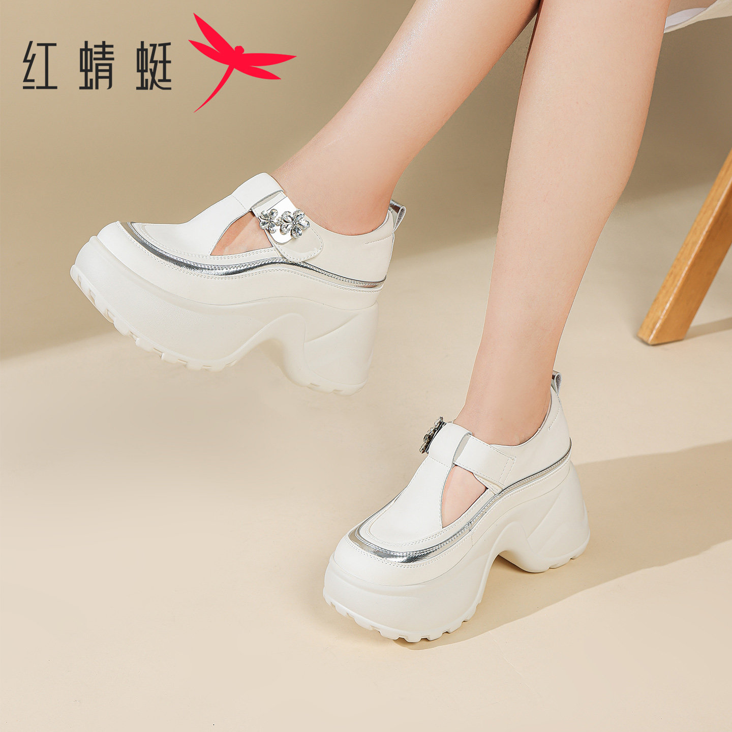 红蜻蜓夏季浅口增高水钻玛丽珍鞋