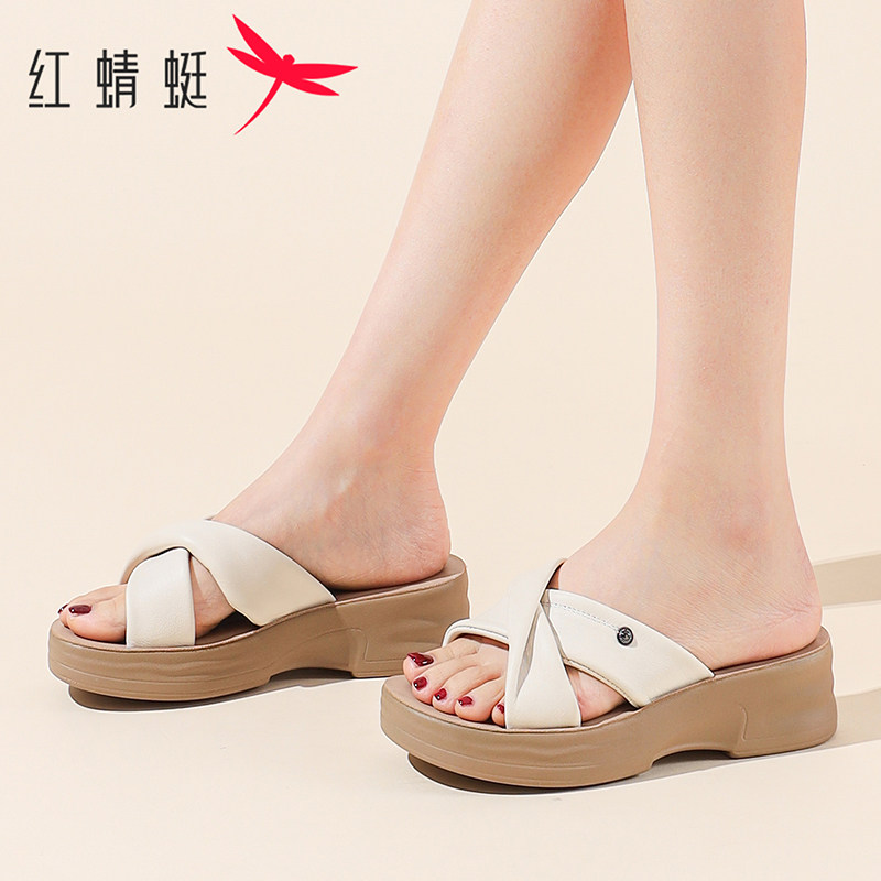 红蜻蜓凉鞋女2026夏季新款厚底坡跟凉拖鞋时尚休闲外穿女士一字拖