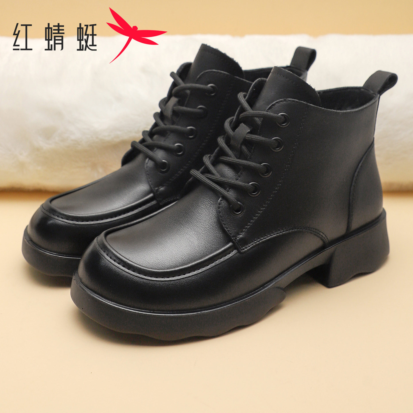 红蜻蜓女鞋冬季真皮复古马丁靴英伦风厚底休闲舒适短靴加绒棉靴,女鞋,马丁靴,淘宝优惠券,粉丝福利购,淘宝优惠卷