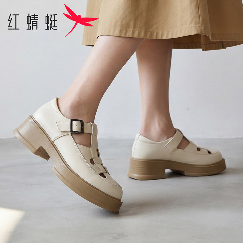 红蜻蜓女鞋2026夏款包头镂空透气厚底粗跟妈妈鞋休闲外穿罗马凉鞋