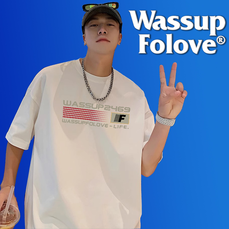 WASSUP FOLOVE夏季新款纯棉重磅美式短袖T恤男女情侣学生国潮上衣