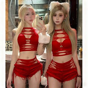 性感镂空欧美辣妹性感女士百搭修身牛仔超短裤女辣妹系带休闲包臀