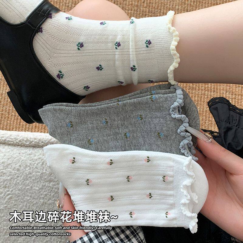 堆堆袜子女春秋碎花中筒花边网眼透气配勃肯鞋月子袜薄款四季通用