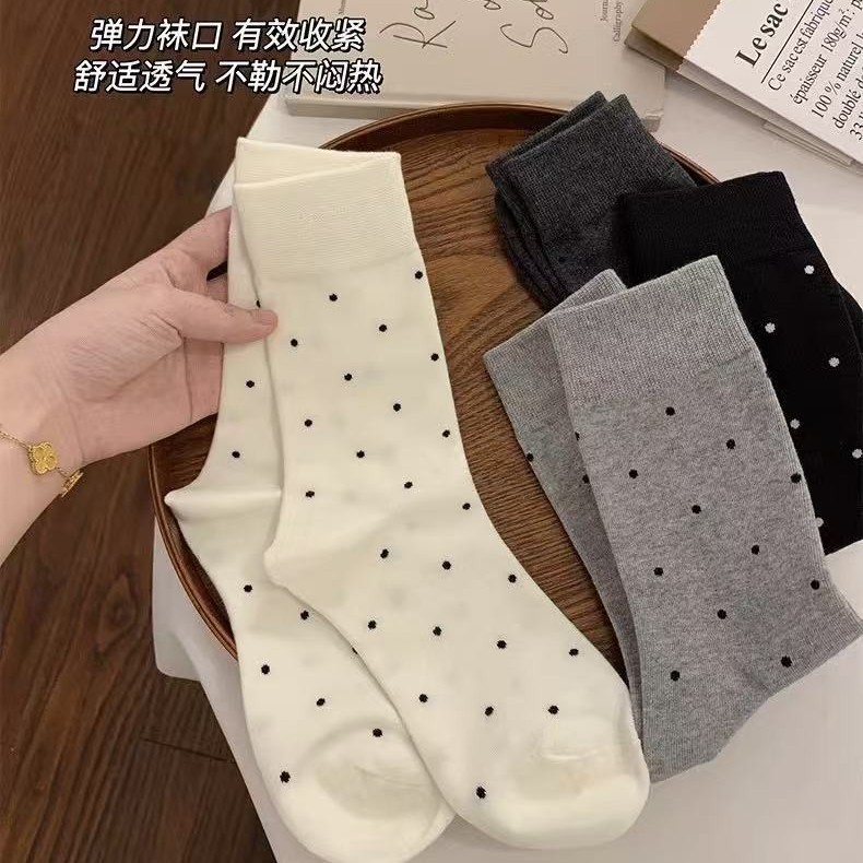波点无骨袜女春秋款中筒袜配小皮鞋袜子纯棉日系灰色长袜秋冬堆堆