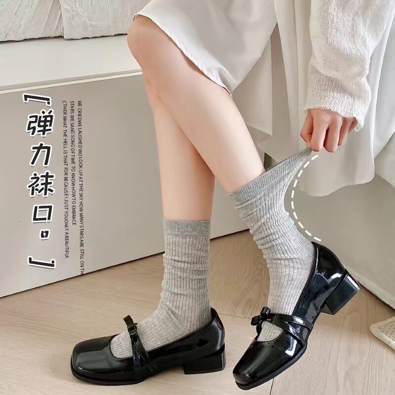 小红书弹力袜芭蕾风堆堆袜子女秋季薄款百搭中筒袜抽条黑白JK袜