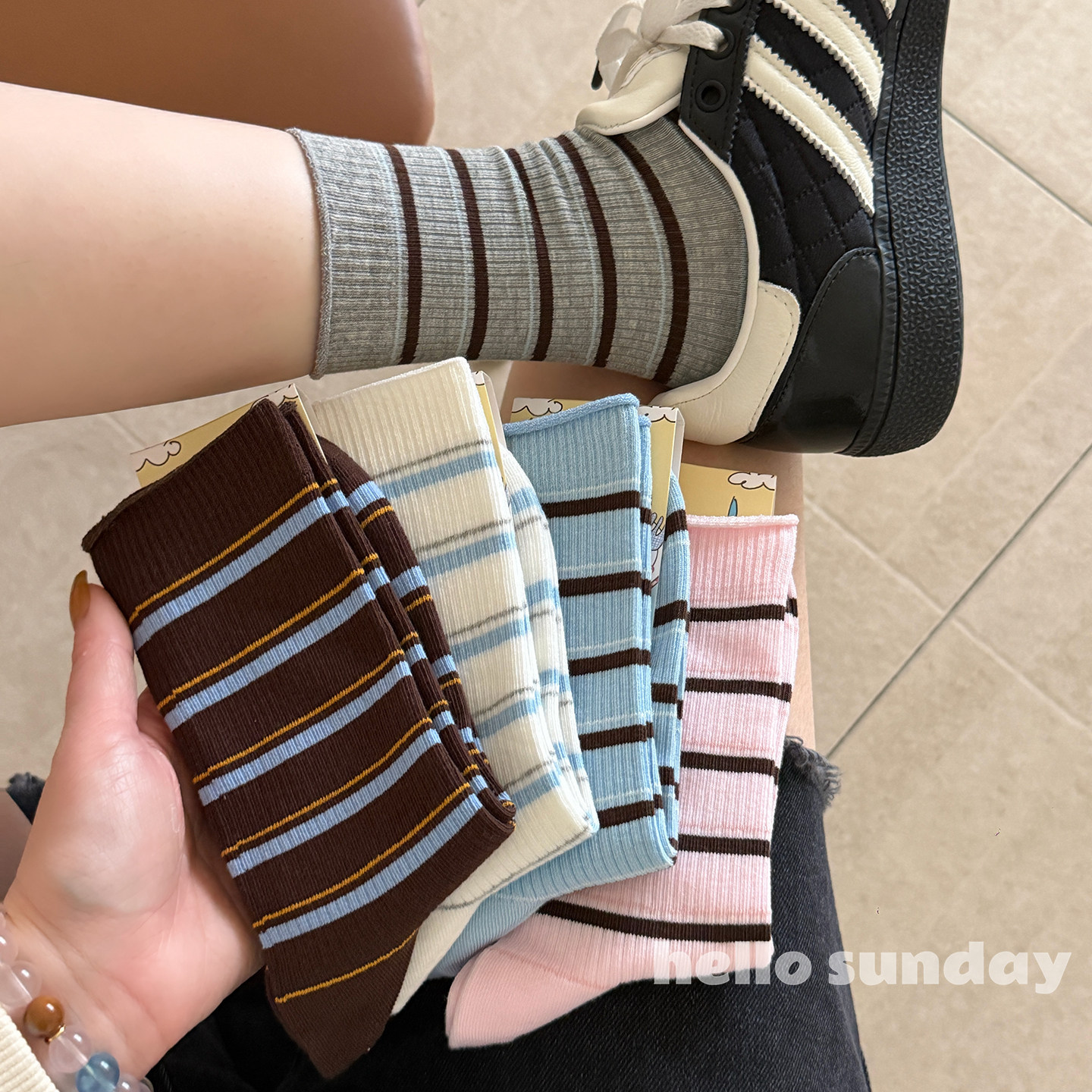 秋季条纹袜子女中筒袜条纹春秋款韩国ins潮百搭长袜薄夏天吸汗