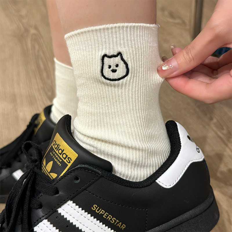 日系ins秋季高颜值可爱中筒袜竖纹卡通长袜白色狗狗袜子女竖纹中