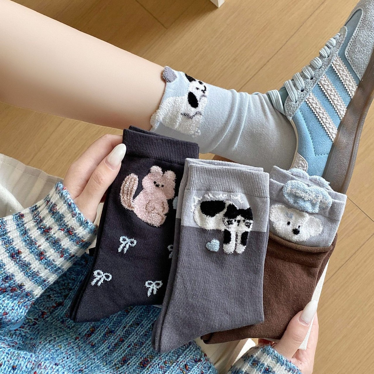 卡通袜子堆堆袜秋冬中筒袜植绒可爱小狗长袜ins潮百搭无骨袜