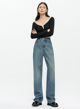 复古阔腿牛仔裤女秋冬2025新款小个子高腰显瘦简约宽松垂感拖地裤