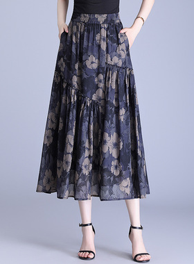 雪纺花色半身裙女夏季中长款百褶裙垂感遮胯a字裙高腰透气大摆裙