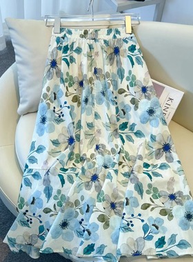 浅蓝色繁花小碎花半身裙女2025夏季薄款高腰a字花苞裙减龄大摆裙