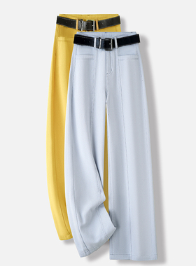 黄色时尚弯刀牛仔裤女2025春秋新款高腰直筒垂感香蕉裤