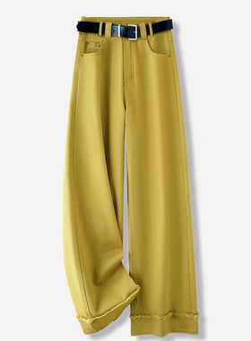 黄色牛仔阔腿裤女2025年新款春秋高腰宽松休闲直筒裤窄版显瘦裤子