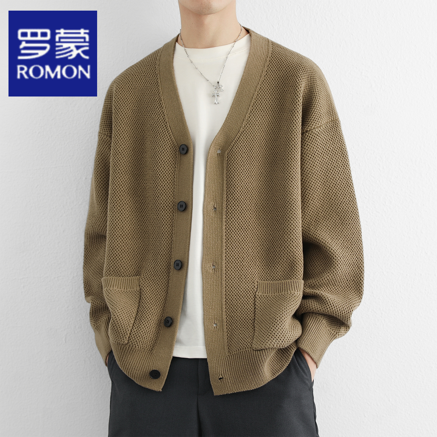 罗蒙针织开衫纯棉v领毛衣高级感