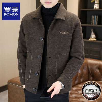 罗蒙潮流翻领毛呢羽绒服冬装夹克