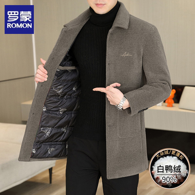 罗蒙翻领休闲中长款毛呢羽绒服