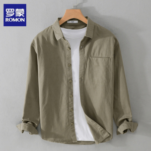 罗蒙男士纯棉长袖衬衫日系复古宽松上衣服春秋季休闲工装衬衣外套