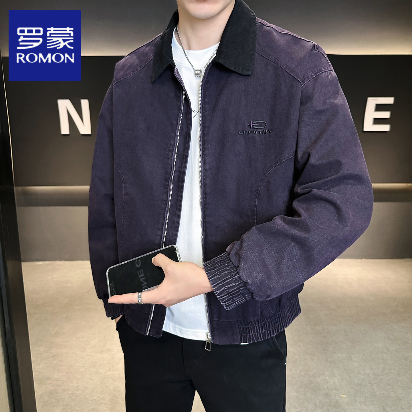 罗蒙翻领春秋款休闲夹克外套男士