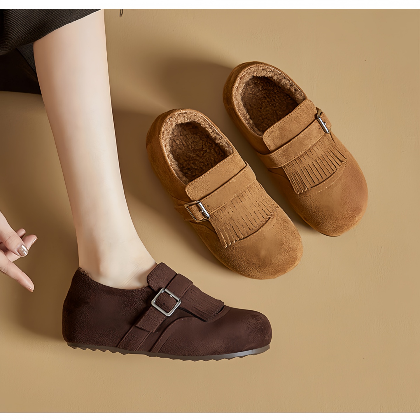 加绒保暖内增高单鞋女2025冬新款棉鞋休闲毛毛鞋舒适英伦风乐福鞋