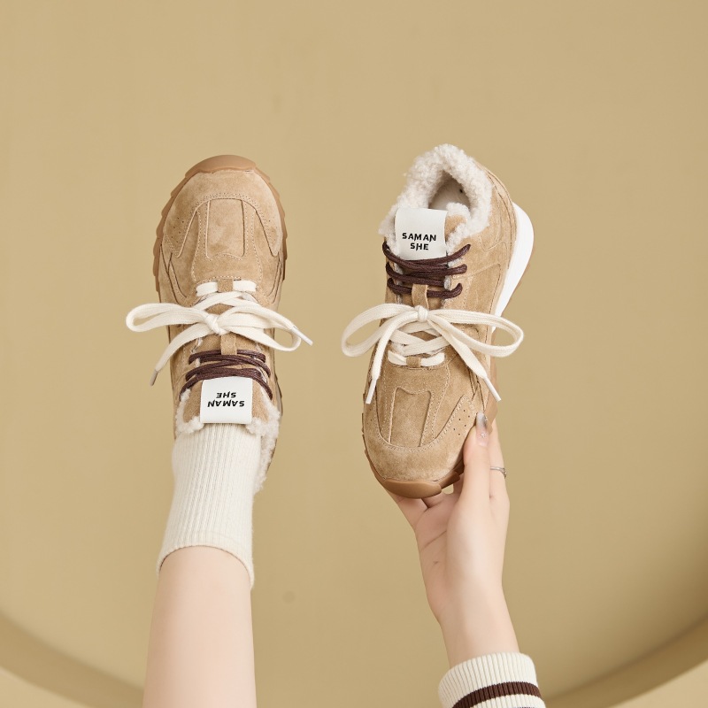 2025冬季真皮德训鞋女鞋内增高阿甘防滑保暖运动百搭毛毛休闲棉鞋