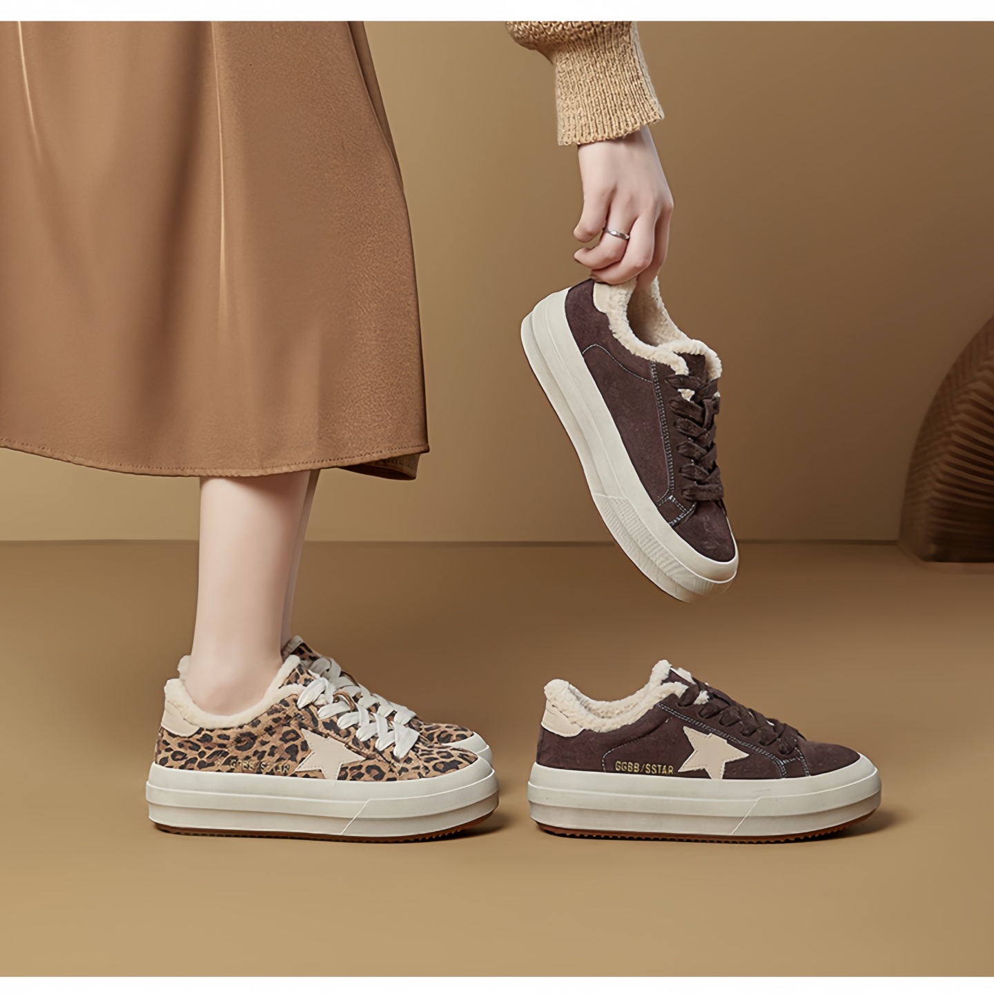 真皮加绒豹纹德训鞋女星星鞋2025年秋冬季复古保暖厚底休闲板鞋女