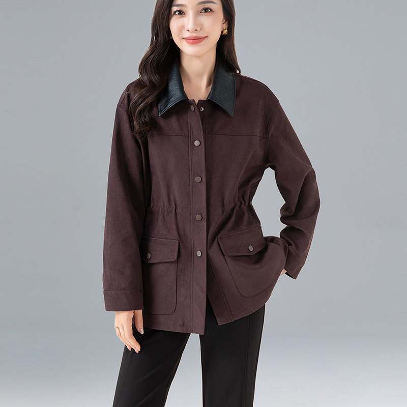 紫色仿皮绒外套女春秋2025新款时尚女装收腰翻领长袖夹克长款上衣